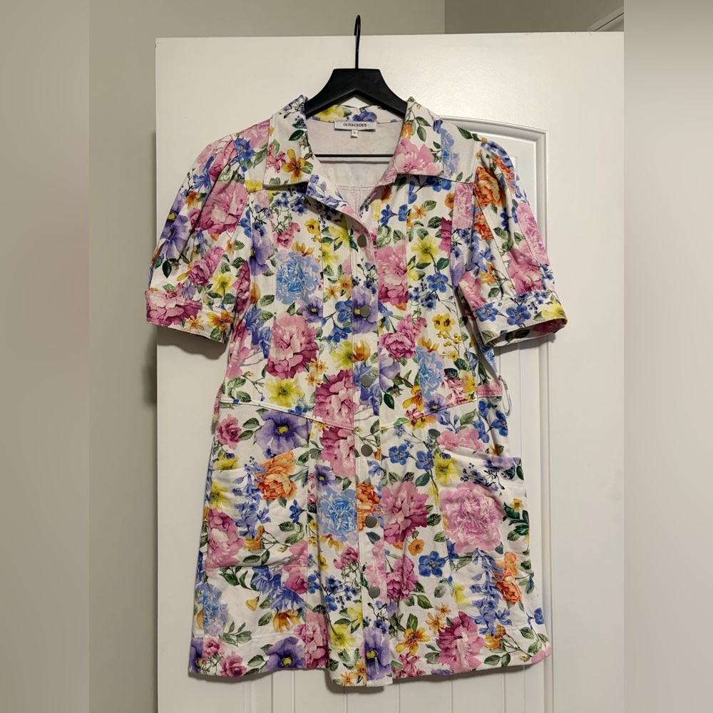 Olivaceous White Floral Mini Dress with Pink, Blue & Yellow Blooms
